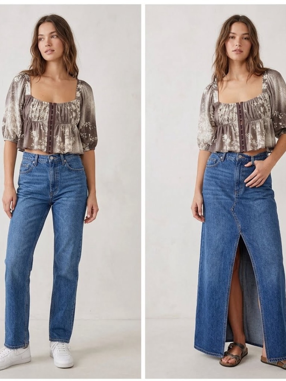 Urban Outfitters Brown Floral Puff Sleeve Hook & Eye Blouse, Sz XSmall